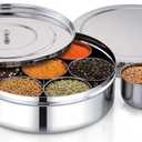 Stainless Steel Spice Box with Steel lid and 7 Containers and 1 Spoon for Home/Office/Kitchen or Multi Purpose Use Indian Masala Dabba (8 Inch)