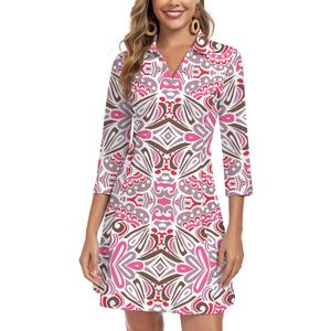 WOWENY 3/4 Sleeve Dress for Women with Pockets V Neck UPF 50+ Casual Sun Dress Breathable Quick Dry Beach Vacation (Pink Pattern, L)