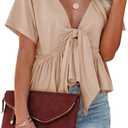 Fanway&EC Women's Short Sleeve V Neck Blouses Ruffle Hem Tie Front Crop Tops Lightweight Basic Summer Tops (Apricot, L)