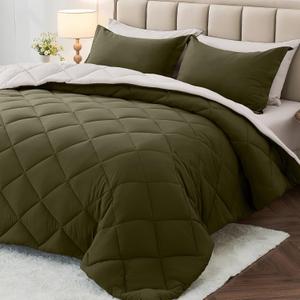 MUXHOMO 7 Pieces Queen Comforter Set, Reversible Bed in a Bag Queen Size, All Season Bedding Set with Comforter, Flat Sheet, Fitted Sheet, Pillowcases & Shams, Olive Green & Beige