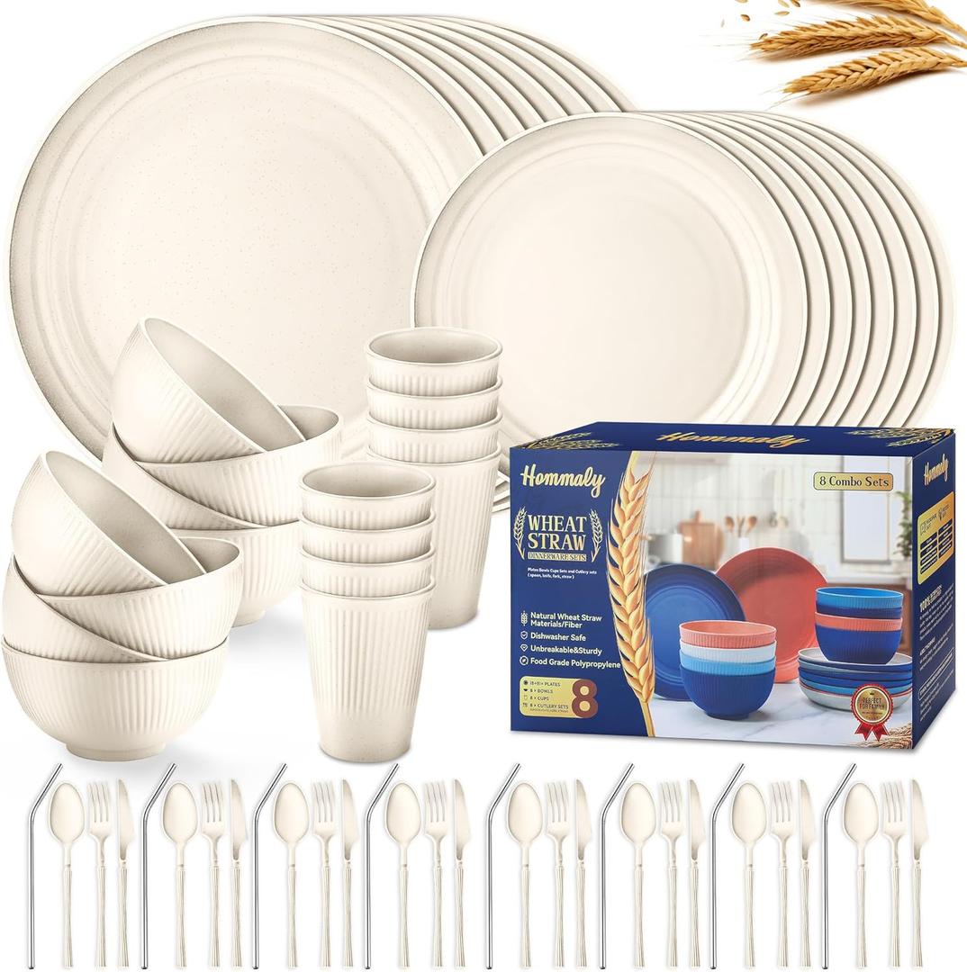 Wheat Straw Dinnerware Sets,64-Piece Beige Plates and Bowls Sets for 8-Unbreakable,Reusable Plastic Dish Set-Dinner Plate/Dessert Plate/Cereal Bowl/Cup/Utensils-Microwavable Dishwasher Safe 64P-Beige