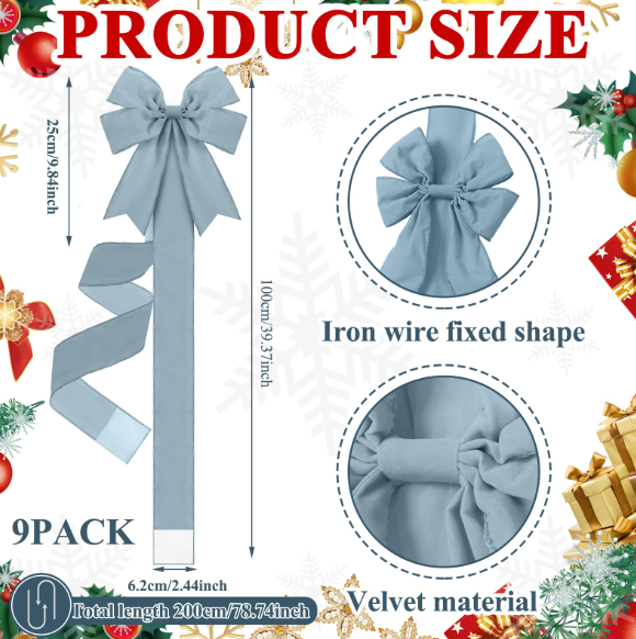 Daifunli 9 Pcs Haze Blue Velvet Christmas Cabinet Ribbons Bows for Kitchen 78.7 Inch Large Christmas Door Ribbon Cabinet Bows for Gifts Xmas Tree Home Wall Furniture Party Decorations
