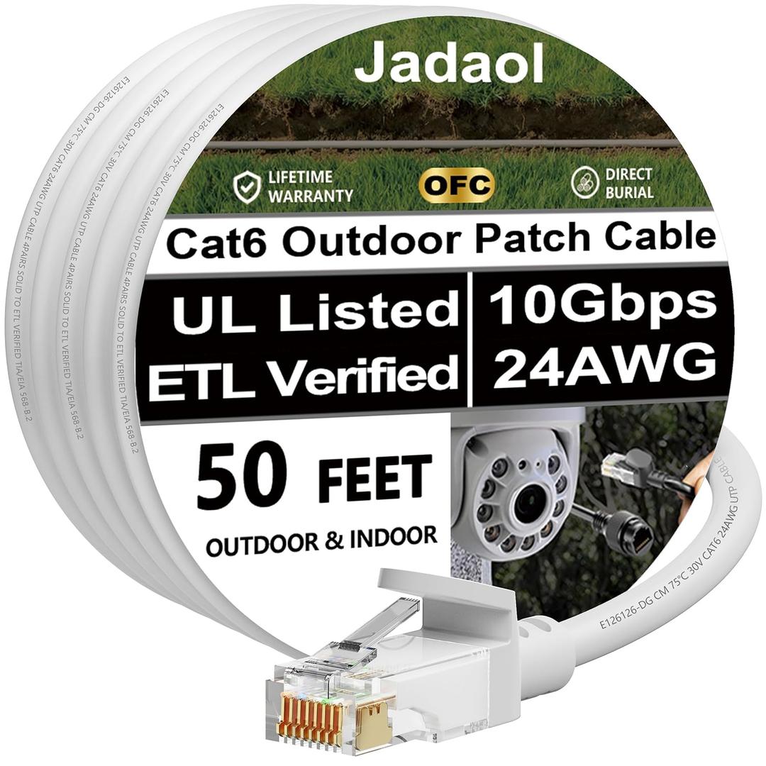 Cat 6 Outdoor Ethernet Cable 50 ft, Support Cat8/7 Network, 10Gbps 550MHz, 24AWG Pure Copper, Direct Burial Waterproof In-Ground UV Resistant LAN Internet Patch Cable for Router, Modem, Switch, White