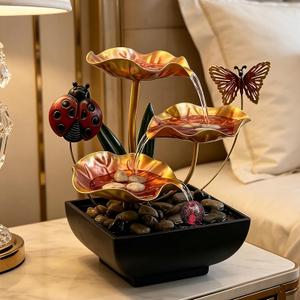 Tabletop Fountain,Indoor Water Fountain,Home Fengshui Décor Zen Relaxation Soothing Sound Machine for Office,Living Room,or Bedroom,Gold Lotus,Ladybird & Butterfly