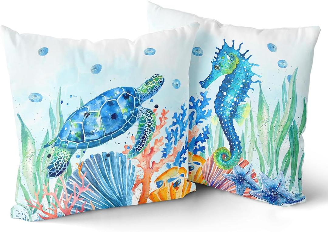 Giwawa Coastal Ocean Pillow Covers Set of 2, Sea Turtles Seahorse Decorative Throw Pillow Cases 16"x16", Watercolor Marine Animals Double Sided Square Cushion Covers for Sofa Couch Bed Car