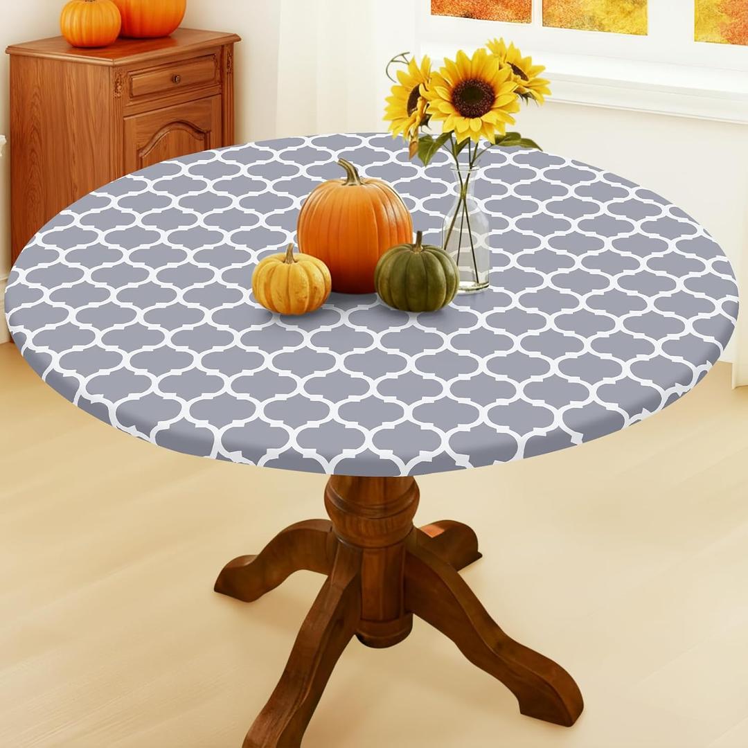 Smiry Round Picnic Tablecloth, Waterproof Elastic Fitted Table Covers for 45" - 56" Tables, Wipeable Flannel Backed Vinyl Tablecloths for Camping, Indoor, Outdoor, Grey & White