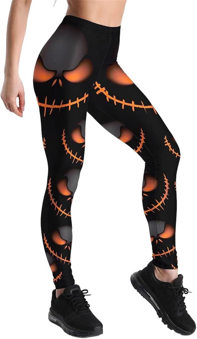 Women's High Waist Scary Print Halloween Legging Soft Stretchy Pumpkin Pattern Halloween Long Pants Trendy Leggings (M)
