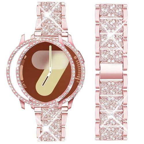 Mosonio Compatible with Samsung Galaxy Watch 7 Band 40mm, 20mm Bling Jewelry Metal Band with 40mm Cover Case for Women for Galaxy Watch 7（Rose Pink,40 mm）
