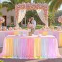 6 Pack 8ft Rainbow Tulle Tablecloths for Rectangle Tables, 8 Foot Rainbow Rectangular Table Cloth Wrinkle Free Tablecover with Tutu Skirt for Baby Shower Girls Birthday Party Banquet Buffet Cake