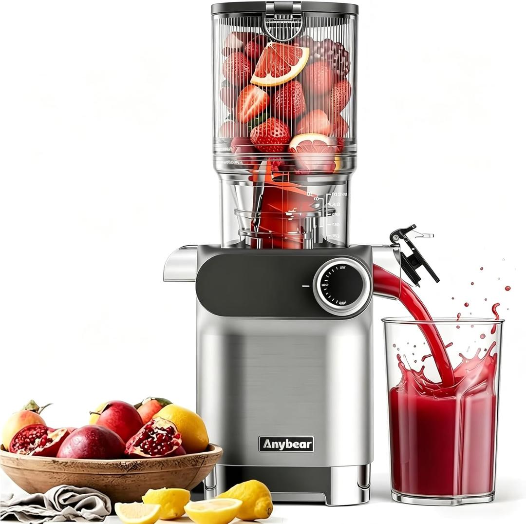 Anybear Cold Press Juicer 200W Masticating Slow Juicer 4.3" Large Feed Chute Fit Whole Fruits Vegetables | Upgraded Auger | Tritan Material | BPA Free | Juice Recipes (Silver Gray)