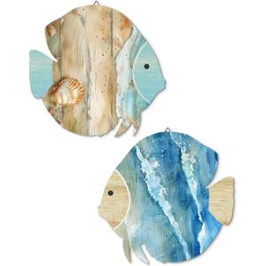 Putuo Decor Wood Fish Wall Decor 2pcs Rustic Beach House Wall Decor Coastal Lake Themed Home Decor Wood Hanging Nautical Decor For Bathroom, Lake House, Beach House Decor (Sand and sea)