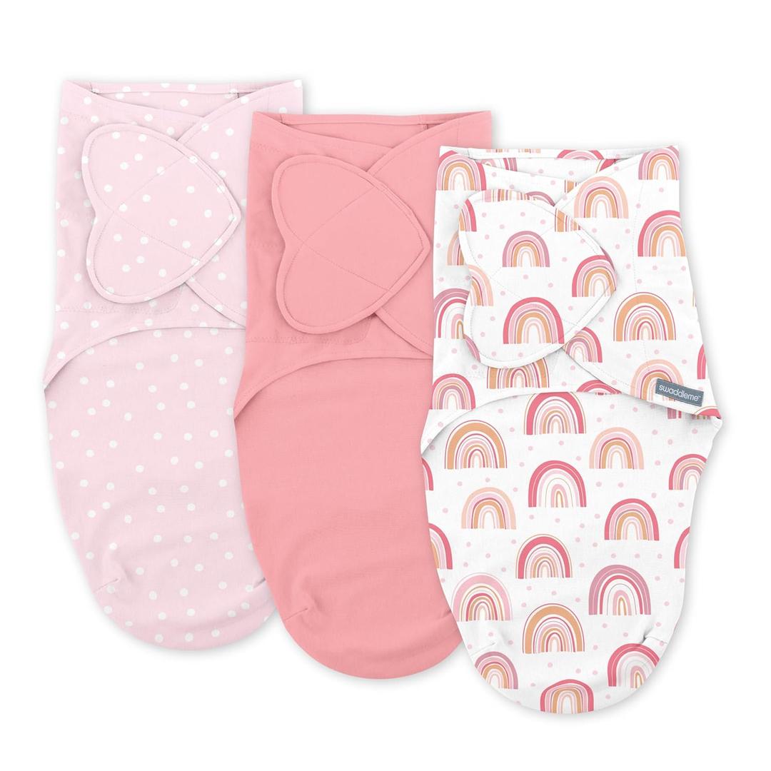 SwaddleMe by Ingenuity Monogram Collection Baby Swaddle, 100% Cotton, Improves Sleep & Calms Startle Reflex, 0-3 Months, Pocket Fold Design for Easy Changes, 1.0 TOG, 3-Pack - Rainbow