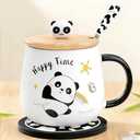Disoza Panda Mug with Lid Panda Cup 420ML Coffee Cup Gift Panda Ceramic Teacup with Spoon & Coaster Tea Coffee Christmas Mug Birthday Gift for Wife Girlfriend