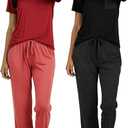 Real Essentials 2 Pack: Women's Comfy Pajama Sets - Short Sleeve Ladies Loungewear Sleepwear PJs (Available In Plus) (L)