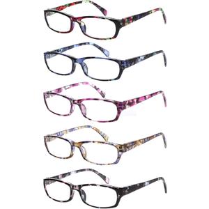 Kerecsen Reading Glasses 5 Pairs Fashion Ladies Readers Spring Hinge with Pattern Print Eyeglasses for Women (Mix Color -2, 5.00)