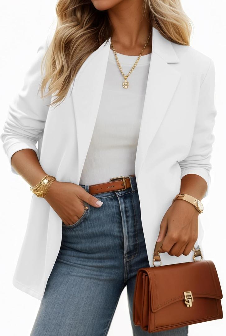 Cicy Bell Womens Casual Knit Blazer Long Sleeve Open Front Blazers Stretchy Work Office Suit Jackets with Pockets (XX-Large, White)