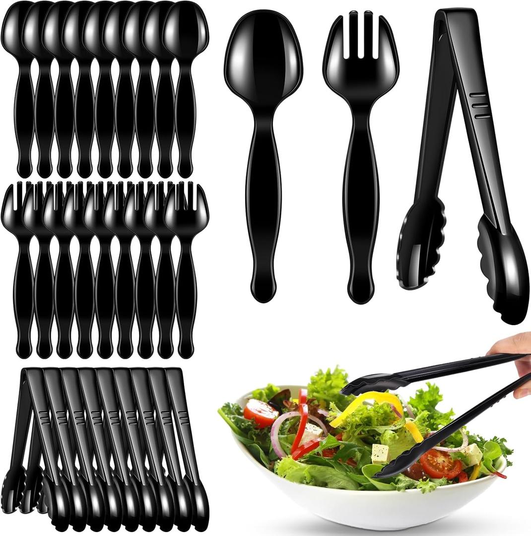 30 Pcs Disposable Black Plastic Serving Utensils,10 Set Including 9" Plastic Serving Spoons, Forks and Tongs for Dinner Parties, Buffets,Banquets, Events, Weddings, and Daily Use