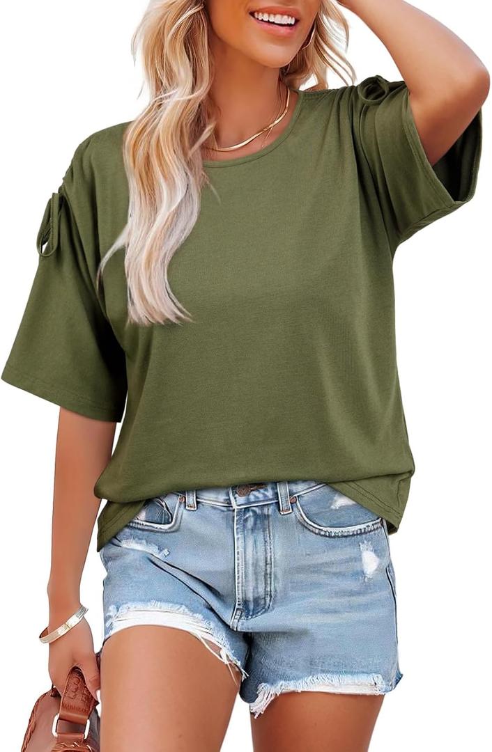 Dokotoo Women's Casual Summer Tops Crew Neck Short Sleeve Drawstring T Shirts Basic Tee Tunic Blouses (Green, XL)