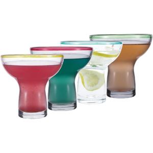 Chefcaptain Stemless Margarita Glasses/Tumblers, Set Of 4, 16 Oz, Color Rim, Lead-Free Thick Clear Glass