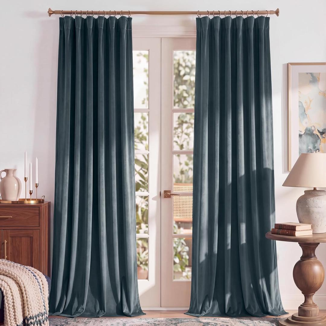 RYB HOME Dusty Blue Velvet Curtains for Bedroom Living Room Nursery, Thermal Insulated Light Blocking Floor Length Window Drapes with Hook Belt for Modern Decor, 52" W x L84 L, 2 Panels Set