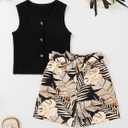 Girls 2 Piece Outfits Summer Sleeveless Ribbed Tank Tops and Floral Shorts Set with Belt Black 13-14 Years
