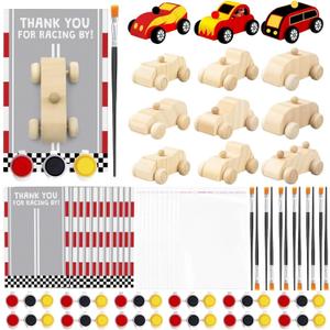 BOIKOKY Racecar Painting Party Favors Kit - 12 Unfinished Wooden Cars, Acrylic Paints, Brushes, Thank You Cards, Perfect for Racing-Themed Birthday & Two Fast Theme Party Supplies