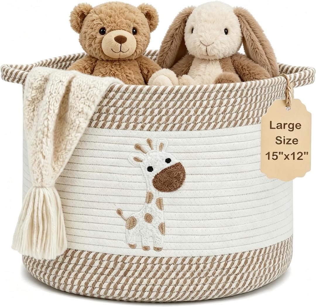 Baby Laundry Basket for Nursery, Large 15”x12” Baby Storage Baskets, Cotton Rope Kids Hamper Soft Foldable Bin with Cute Embroidered Animal Designs for Home Toys Organize