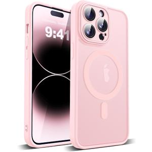 Compatible with iPhone 14 Pro Max Case with Built-in Camera Lens Protectors Shockproof Translucent Magnetic 14 Pro Max Phone Case 6.7" [Compatible with Mag-Safe][Great Grip Feeling], Pink