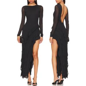 Women Long Sleeves Mesh Tassel Ruffle Maxi Dress With High Slit Party Dress | Asymmetrical Ruffle Hem Side Split Bodycon Dress Open Back Evening Gowns Prom Wedding Guest Date Night Cocktail Party Dress (Black, L)