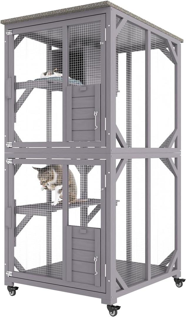 VEVOR 3-Tier Cat Playpen Catio with Wheels, Resting Box, Waterproof Roof, Windows & Doors, Removable Tray
