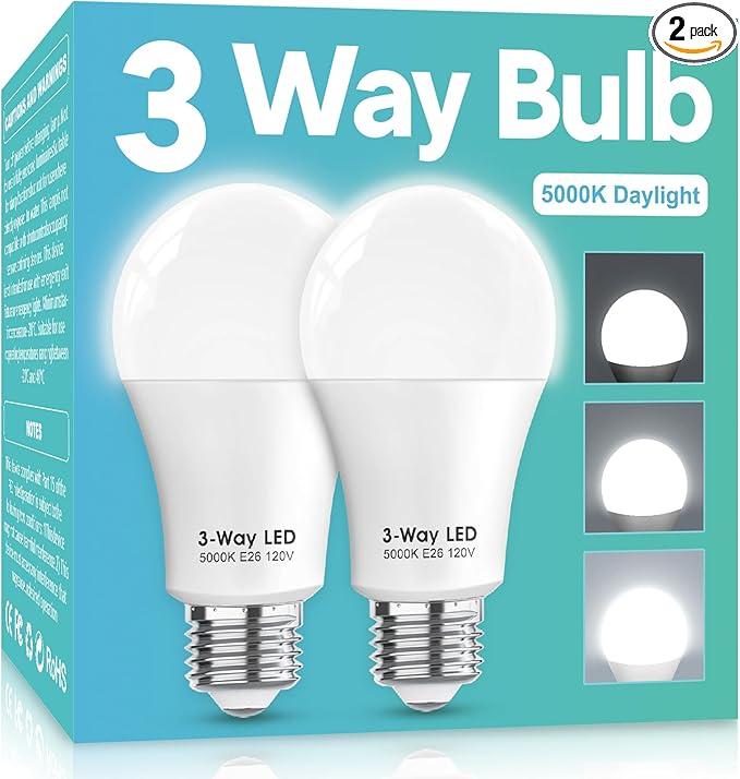 3 Way LED Light Bulbs 50 100 150W Equivalent, Daylight White 2000K , A19 Three Way Light Bulbs,E26 Base 3-Way Light Bulbs for Reading,Living Room-2 Pack