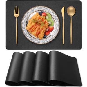 PVC Heat Resistant Placemats Set of 4, Waterproof Wipeable Floor Place Mats, Non-Slip Easy Clean Table Mats for Kitchen Table Decor, 12x18 Inch (Black)