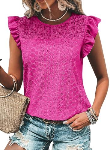Dokotoo Ladies Tops Cute Shirts for Women Summer 2025 Trendy Blouses Women Dressy Casual Business Babydoll Crochet Lace Tunic Spring Cruise Outfits Fashion Tshirts Boho Resort Wear 2025 Bright Pink Large