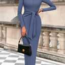 PRETTYGARDEN Women's 2025 Wedding Guest Midi Dresses Semi Formal Long Sleeve Bodycon Tie Waist Cocktail Fall Fashion Clothes (Blue)