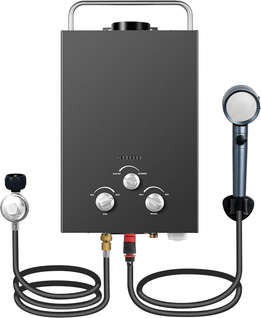 Outdoor Tankless Propane Water Heater 1.58GPM 6L Portable Gas Water Heater with Handle & Overheating Protection, Instant Hot Water for Camping RV Cabin Boat Barn - Black
