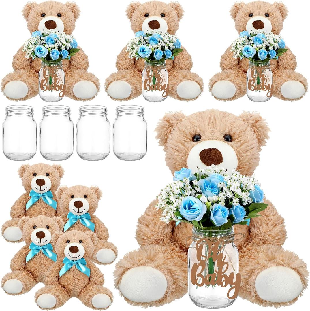 Sliner 33 Pcs Bear Centerpieces for Baby Shower Decorations Baby Shower Table Centerpieces with Bears Mason Jars Roses Bouquet Tags Burlap Rope for Gender Reveal Birthday Party Decoration(Blue)