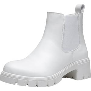 Jeossy Women's 9606 Chelsea Ankle Boots, Platform Chunky Low Heel Slip on Booties, Lug Sole Fashion Short Boots (White) 7