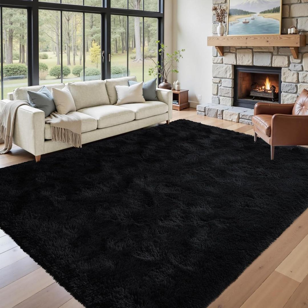 8x10ft Black Fuzzy Plush Living Room Rugs,Large Soft Fluffy Bedroom Area Rugs Non-Slip Shaggy Carpet for Nursery Kids PlayRoom Dorm Office Indoor Modern Carpets