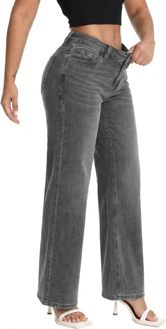 Women's Mid Rise Wide Leg Jeans Stretch Denim Pants with Relaxed Fit | BBL Jeans, Tummy Control, Soft Stretchy Denim, Classic Five Pocket Style, Versatile for Work or Play, All-day Wear (Black, L)