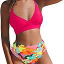 popvil High Waisted Bikini Sets: Hot Pink Women's Tummy Control Swimsuits Sexy V Neck Two Piece Bathing Suit with Ruched Flower Bottoms, XL