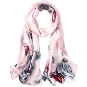 MEISEE 100% Mulberry Silk Long Scarf for Women Large Oblong Sunscreen Shawls Wraps Neck Headscarf Hair Wraps Gift Packed (Pink Gray Flowers)