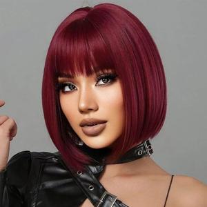 Wine Red Bob Wig With Bangs 12 Inch Burgundy Wig Short Synthetic Fiber Bob Wigs for Women Short Bob Wigs and Halloween Cosplay Wig With One Cap (Wine Red)