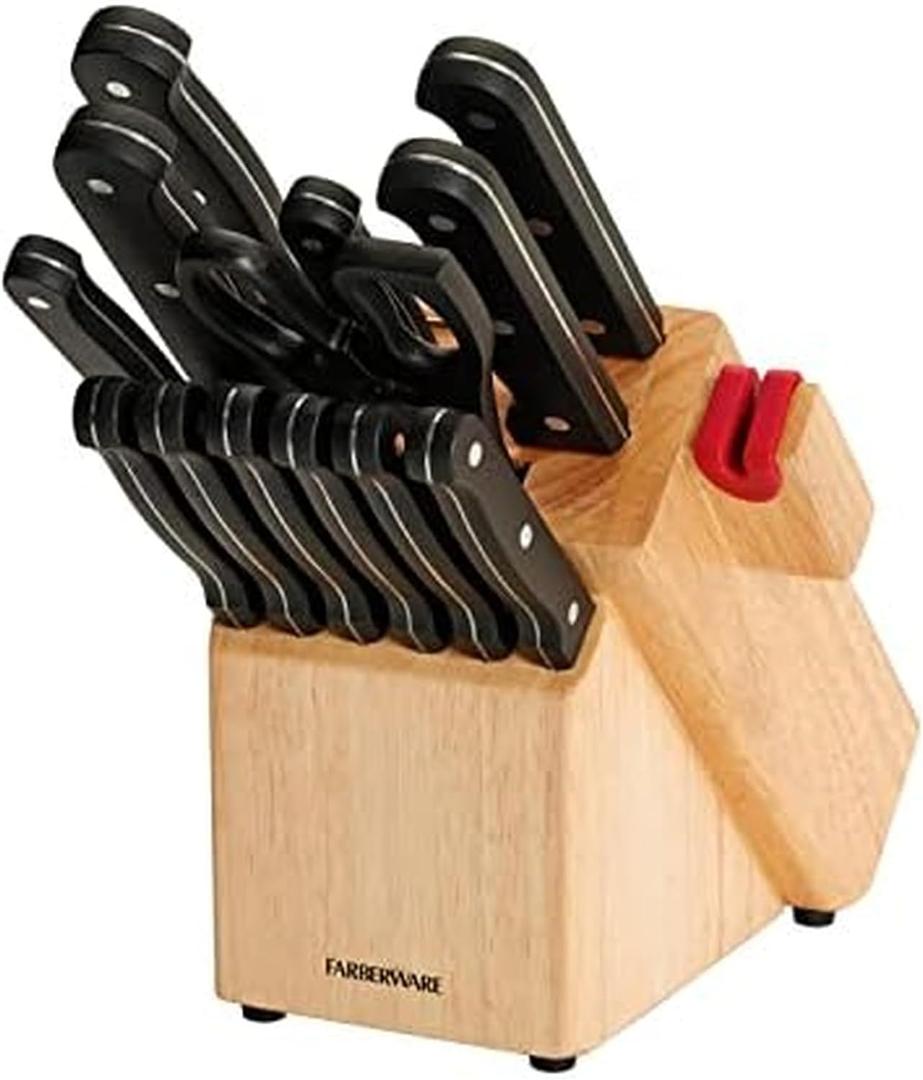 Farberware 14-Piece Triple-Rivet Knife Block Set with Built-In Edge Keeper Knife Sharpener