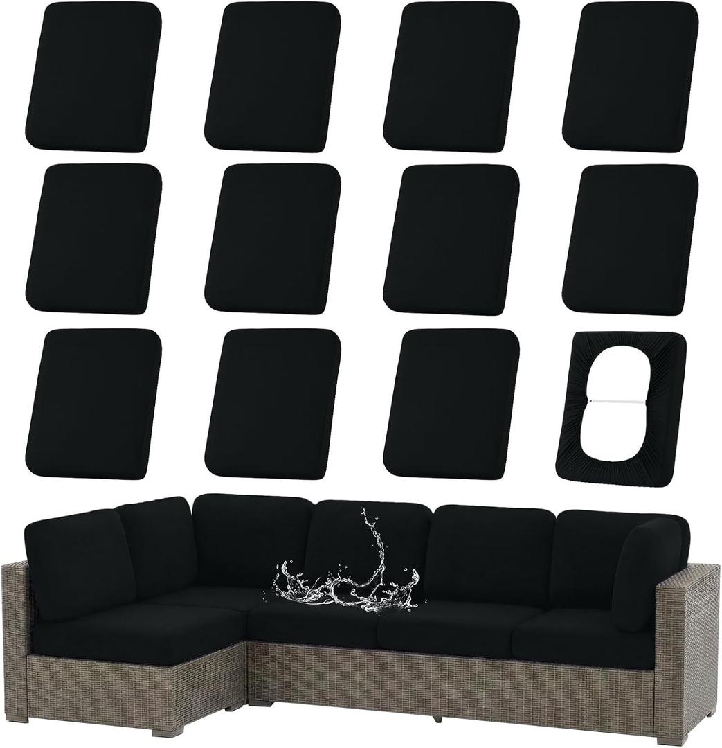 hyha Waterproof Outdoor Cushion Covers for Patio Furniture, Stretch Patio Chair Cushion Slipcovers, Coated UV Resistant Replacement Seat Covers, Solid Color (Black, 12PC)