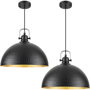 16 Inch Black Hammered Pendant Light 2 Pack, Vintage Pendant Lights Kitchen Island Adjustable Height, Large Dome Pendant Light Fixtures for Kitchen, Dining Room, Bedroom,Bar