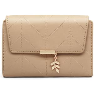 Women's Bifold Vegan Leather Wallet RFID Blocking with Leaf Pendant, Compact Card Holder Organizer, Zipper Coin Pocket, ID Window, Multi Card Slots (taupe)