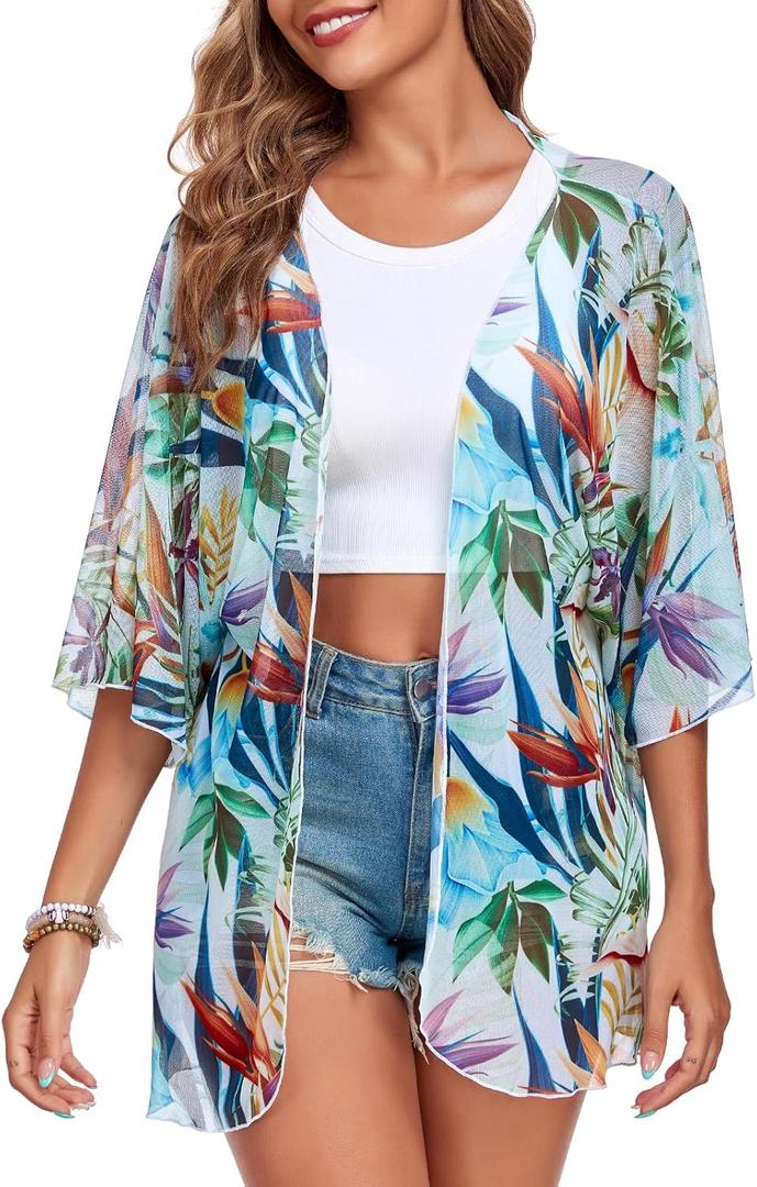 RELLECIGA Beach Cover Up for Women Swimsuit Kimono Cardigans Loose Casual Bathing Suit Coverups (Large, Leaf Print)