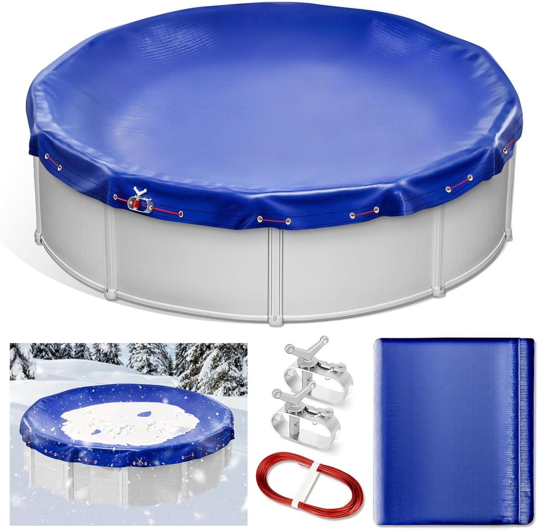 Keycci 18FT Round Winter Pool Cover for Above Ground Pools, 4FT Overlap Extra Thick PE Pool Cover Pool Protection with Winch and Cable, Swimming Pool Cover, Cold and UV-Resistant, Blue