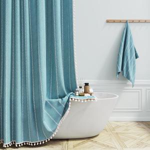 BTTN 78 Inch Long Shower Curtain - Boho Farmhouse Linen Striped Fabric Shower Curtain Set with Tassel, Tall Country Water Repellent Cloth Shower Curtains Set for Bathroom with Hooks, 72x78, Teal