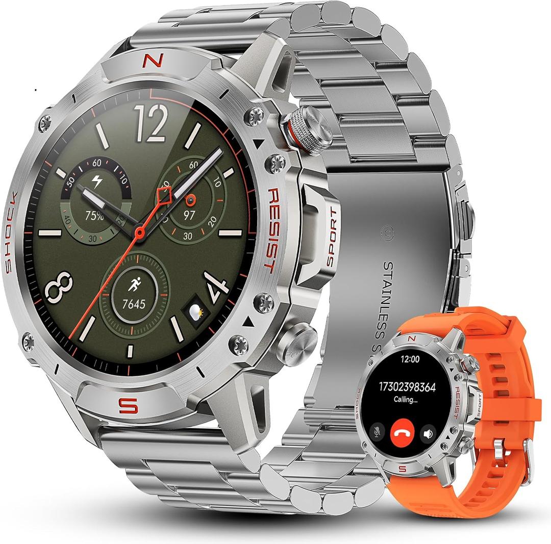 WalkerFit Smart Watch for Men, 1.43" AMOLED Premium Sport Smartwatch with Bluetooth Calling, 5ATM Waterproof, Accurate Fitness Tracking, Durable Sport Watch for iPhone and Android, Silver